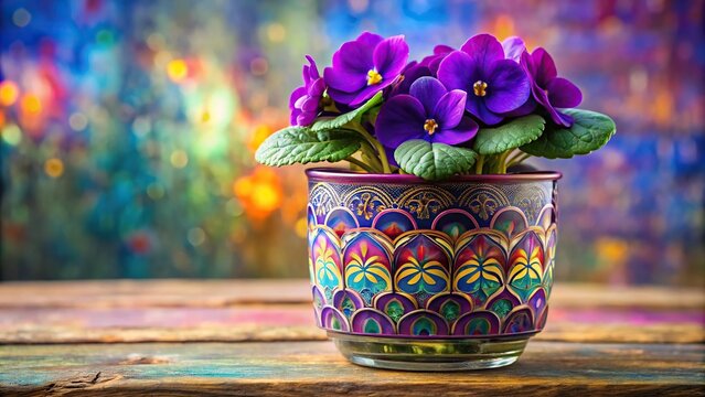 A vibrant African violet potted in a colorful glass container with intricate patterns, colorful pattern, floral design, indoor flowers, plant pot