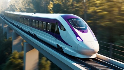 a futuristic high-speed train with a white and purple color scheme, moving along elevated tracks in a dense forest, concept train