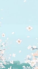 A serene illustration of cherry blossoms against a light blue background.
