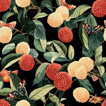 seamless pattern of luscious lychees and tropical butterflies