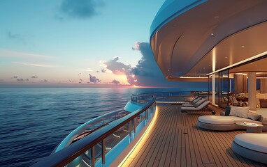 Fototapeta premium View of the deck of a cruise ship during a beautiful sunset.