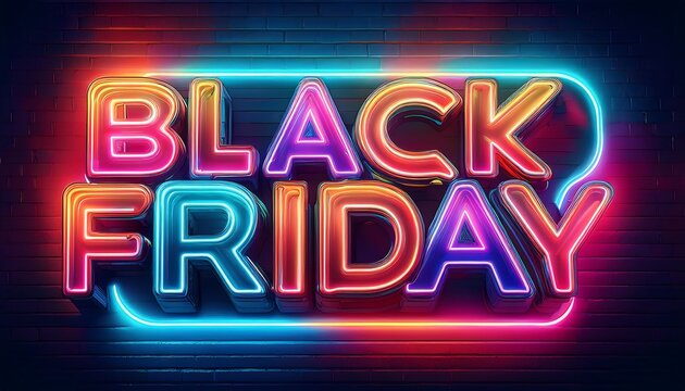 Vibrant Black Friday neon light display with colorful lettering against a dark background for festive shopping. Generative AI