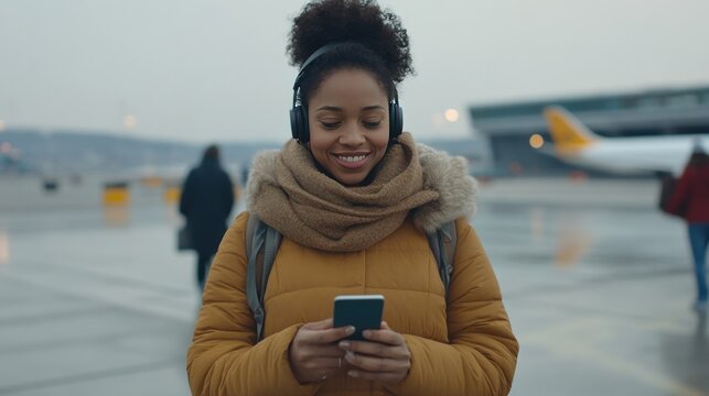 Outdoor portrait of a Young black African American young woman holding phone on airport airfield - Powered by Adobe