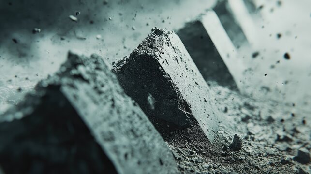 Close-up of a line of cracked cement fragments, with dust and jagged edges for a gritty construction vibe
