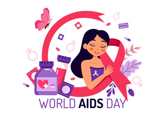 World AIDS Day Vector Illustration on 1 December featuring a Red Ribbon Symbol to Raise Awareness of the AIDS Epidemic in a Flat Style Background