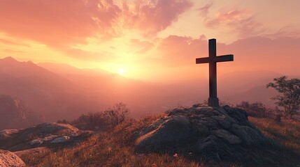 Lone cross on a mountaintop under sunrise light, representing hope, strength, and faith in a solitary moment.