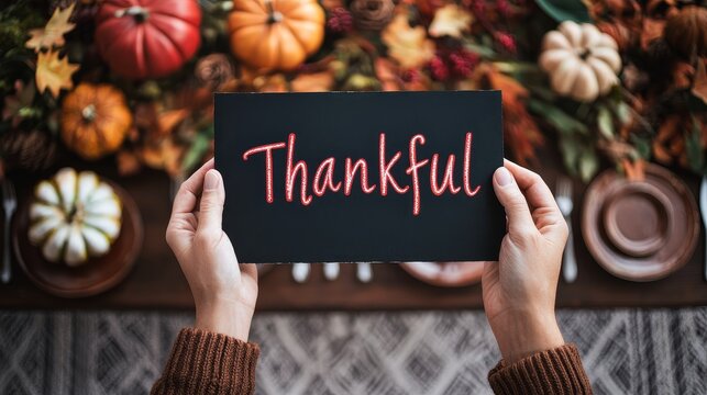 A warm, autumn scene featuring hands holding a black sign that reads "Thankful," surrounded by colorful pumpkins and foliage.