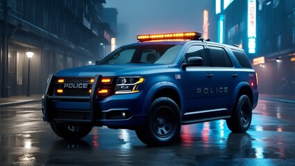 a heavily armored police SUV in matte navy blue with orange LED lights on the roof. The SUV has a tough, military-inspired design with bulletproof glass and reinforced bumpers.