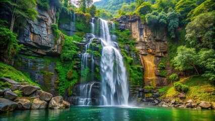 Fototapeta na wymiar A waterfall cascading down a rocky cliff with lush greenery surrounding it, waterfall, lush greenery, scenery, rocky cliff
