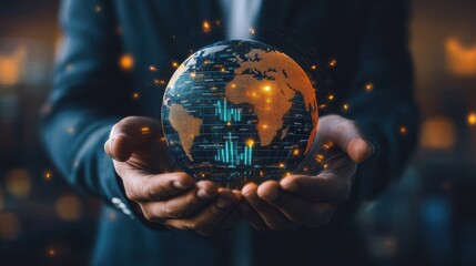 Fototapeta premium Businessman holding a digital globe with LCA icon,