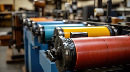 Fototapeta premium Modern printing press with vibrant color rolls, industrial background highlighting precision and vibrant hues.