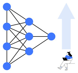 Neural network diagram with blue nodes interconnected by lines, woman sitting with laptop, upward trend arrow. Ideal for artificial intelligence, machine learning, education, research, technology