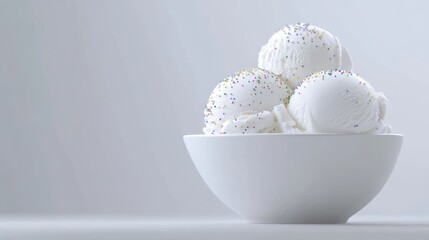 Fototapeta premium A bowl of white ice cream scoops topped with colorful sprinkles.