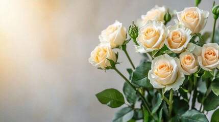 Obraz premium A bouquet of soft peach roses with green leaves against a light background.