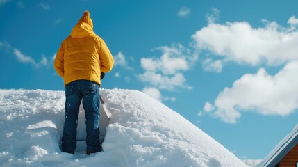 A dedicated winter worker fixing a snow-covered roof on a bright day