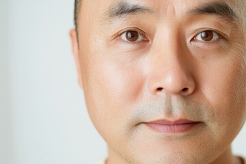 Closeup portrait of a middle-aged asian man with a neutral expression against a white background