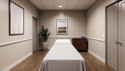 Fototapeta premium A serene and minimalist treatment room featuring a massage table, artwork, and a plant, creating a calming ambiance for relaxation.