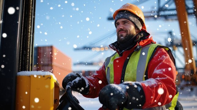 Winter dockworker in heavy gear operating a forklift amidst snowy conditions