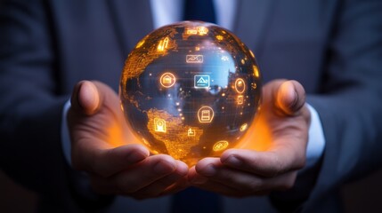 Fototapeta premium Close-up of a businessman holding a digital globe with glowing