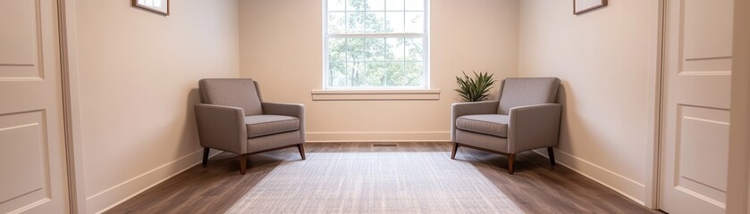 Naklejka premium A cozy, minimalistic room featuring two chairs, a window, and a soft rug, creating a welcoming atmosphere.