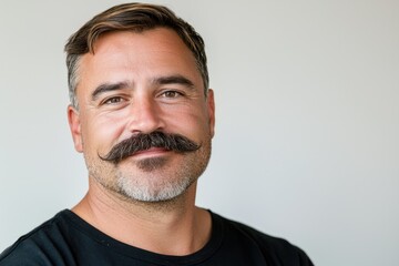 Confident middle-aged man with mustache against a clear background