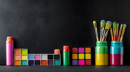 Obraz premium A Workspace of Vibrant Acrylic Paints and Brushes on Dark Background