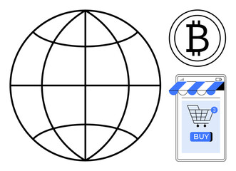 World globe next to Bitcoin symbol and a mobile app with shopping cart and buy, button Ideal for e-commerce cryptocurrency digital transactions online shopping and mobile payments Minimalist style