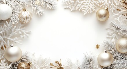 White background with gold decorations, a New Year atmosphere, a color scheme of golden, white, and beige, Christmas tree decorations, white ornaments, decorative elements