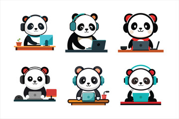 Fototapeta premium a set of cute panda working on computer