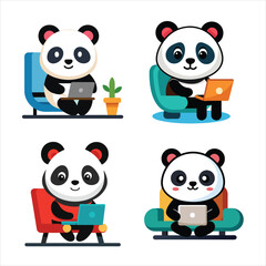 a set of sweet panda preparing chair and typing on computer vector art.
