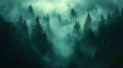 Mist-Covered Forest Landscape with Trees Fading into Fog, Creating a Mysterious and Serene Atmosphere
