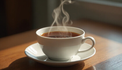 Steaming cup of tea on a wooden table in a cozy interior