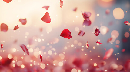 Obraz premium Red rose petals fall to the floor. The background is blurred.