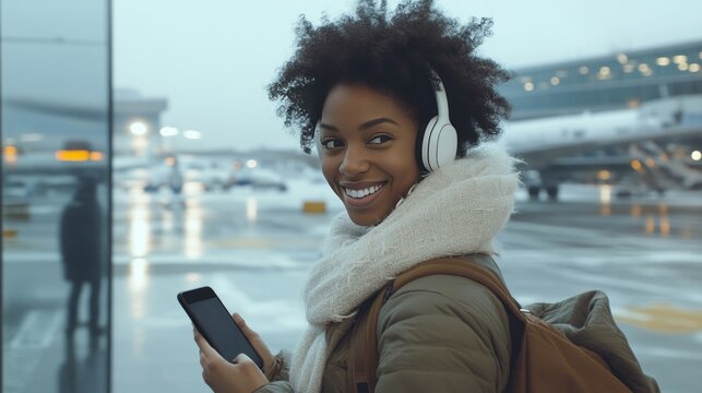 Outdoor portrait of a Young black African American young woman holding phone on airport airfield