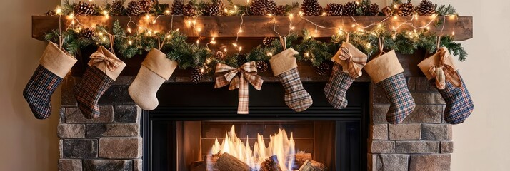 A cozy rustic fireplace adorned with a garland of pinecones, burlap bows, and twinkling lights, with stockings made of plaid fabric hanging from the mantel.
