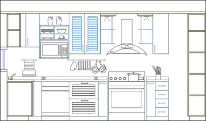 Vector sketch illustration of home kitchen interior architectural design silhouette