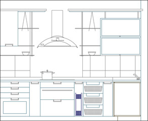 Vector sketch illustration of home kitchen interior architectural design silhouette