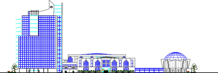Vector sketch illustration of the architectural design silhouette of the exterior of a modern shopping mall building facade