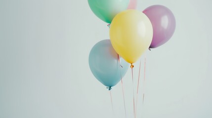 White background with colorful balloons floating creates a whimsical and enchanting scene. A delightful blend of purity and celebration, perfect for adding a touch of magic to any project