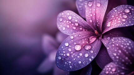 Purple flower petals with water droplets, softly glowing on a deep