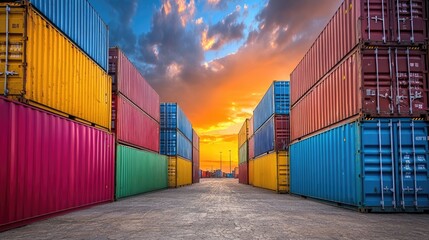 Fototapeta premium business logistic industry picture of cargo commercial goods containers at freight transportation shipyard. 
