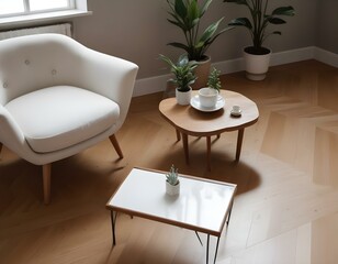 Fototapeta premium A minimalist living room with a white armchair, a small wooden coffee table, and some plants and decorations on the floor.
