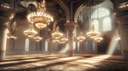 Obraz premium The interior of a mosque with ornate chandeliers casting soft light