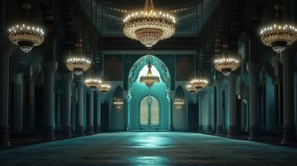 Obraz premium The interior of a mosque with ornate chandeliers casting soft light