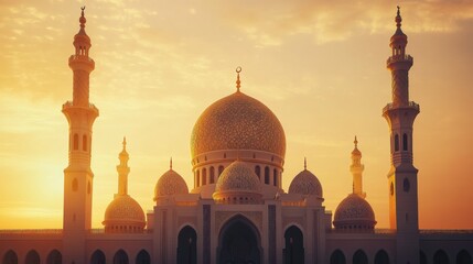 The intricate facade of a mosque lit by soft, warm light during