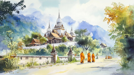 Naklejka premium Watercolor of Wat Arun Temple on the Chao Phraya River