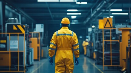 Obraz premium Worker in a factory following a step-by-step safety procedure