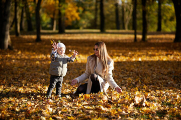 Fototapeta premium A mother and her young child share a tender moment in a park surrounded by autumn leaves. The woman crouches down to her child’s level, creating a warm, intimate scene in golden fall light.