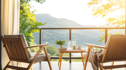 Wooden chairs and table on terrace with view of mountain in morning