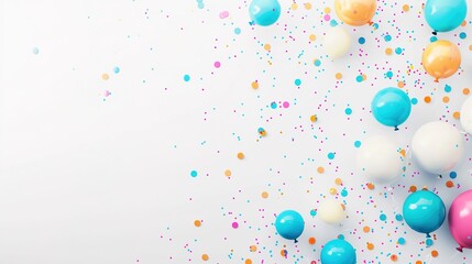White background with colorful balloons floating creates a whimsical and enchanting scene. A delightful blend of purity and celebration, perfect for adding a touch of magic to any project.